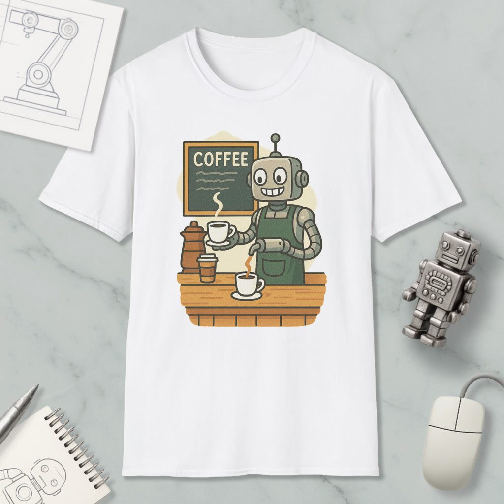 A white t-shirt with a cartoon illustration of a robot serving coffee in a coffee shop.