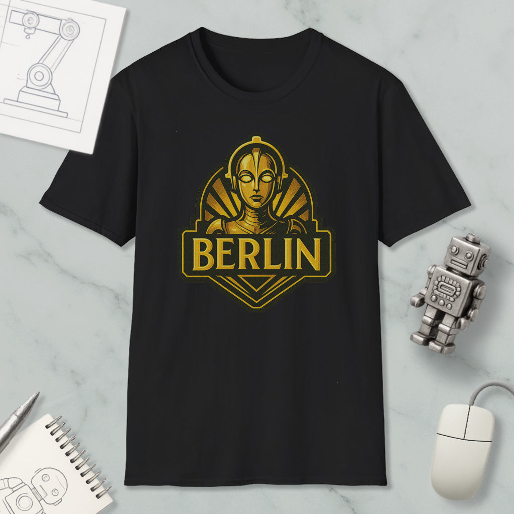a black t-shirt with a graphic design of a woman's face and the word "BERLIN" printed on it, along with various objects such as a computer mouse, a notebook, and a robot.