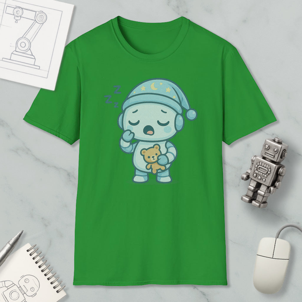a green t-shirt with a cartoon character wearing a blue hat and holding a teddy bear, along with a computer mouse and a notebook.