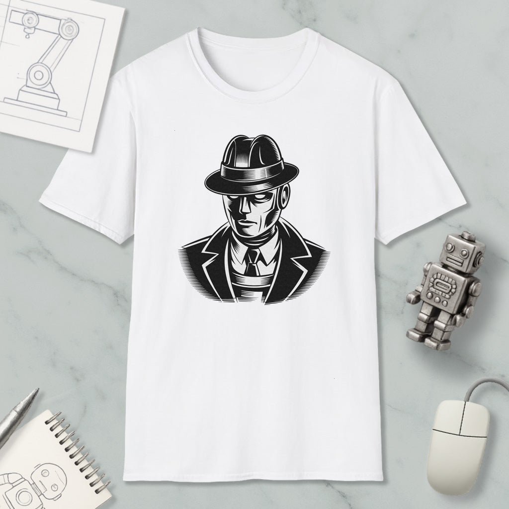 a white t-shirt with a black and white graphic of a man wearing a hat and suit, along with a small robot and a computer mouse.