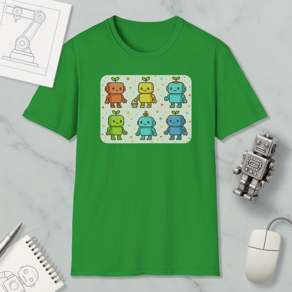 a green t-shirt with a colorful graphic of six cartoon robots, each with a unique color and design. The t-shirt is displayed on a marble surface, along with a computer mouse, a notepad, and a small robot figurine.