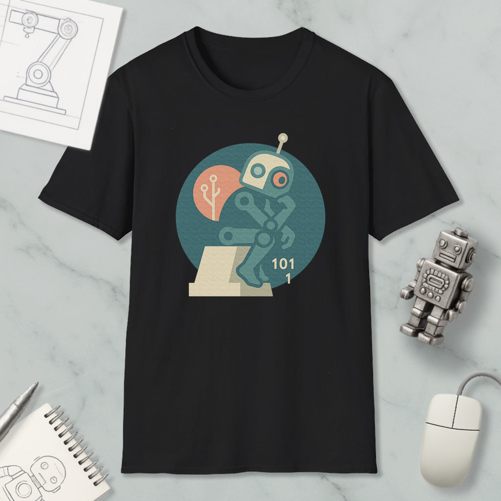 a black t-shirt with a graphic design of a robot, a computer mouse, and a notebook, all placed on a marble surface.