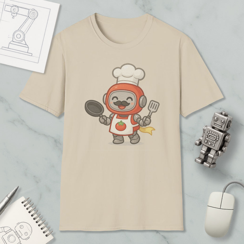 a t-shirt with a cartoon robot chef, a spoon, a spatula, a notebook, a pen, a mouse, and a robot on a marble surface.