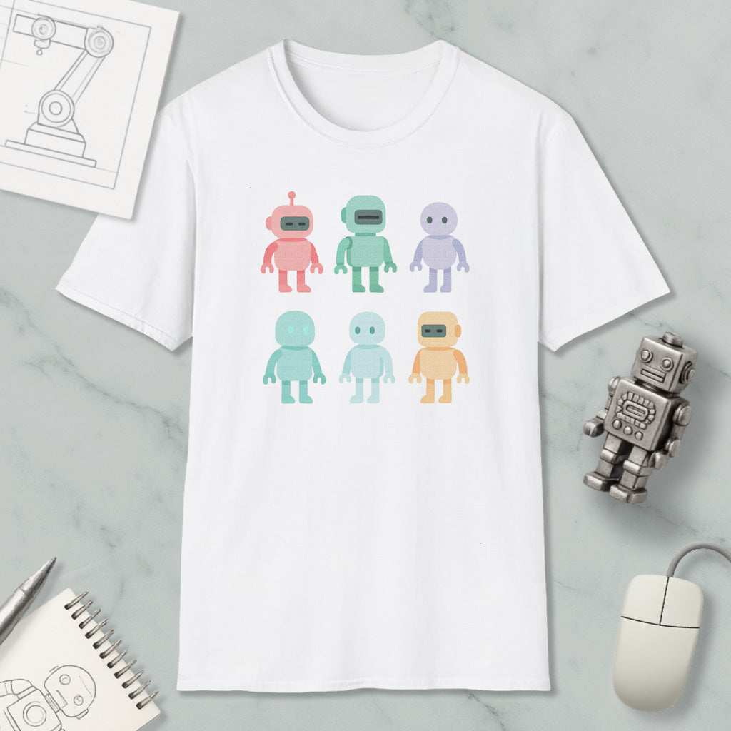 a white t-shirt with a graphic design of six colorful robot characters, along with various objects such as a computer mouse, a notebook, and a pen.