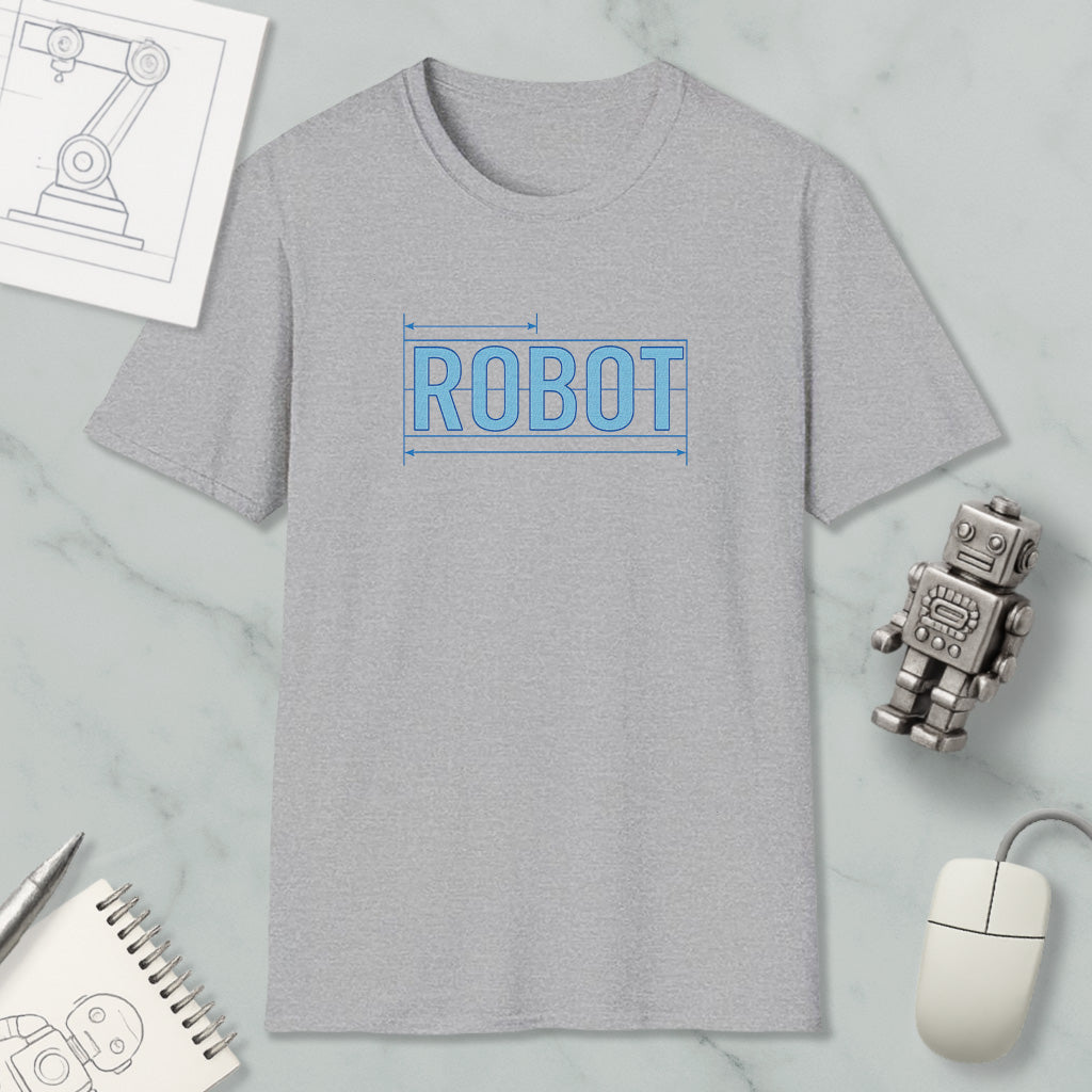 a gray t-shirt with the word "ROBOT" printed on it, along with a small robot toy and a computer mouse.