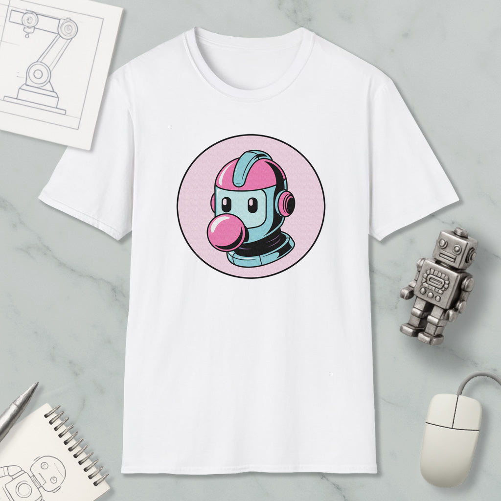 a white t-shirt with a graphic of a robot or character wearing a pink helmet, along with a computer mouse and a notebook.