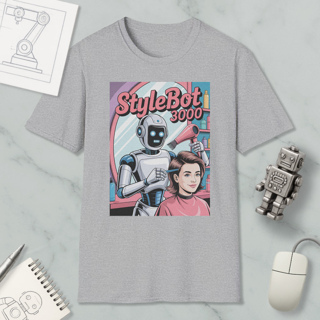 a gray t-shirt with a graphic design depicting a robot hairdresser styling a woman's hair. The t-shirt is surrounded by various objects, including a computer mouse, a notebook, and a toy robot.