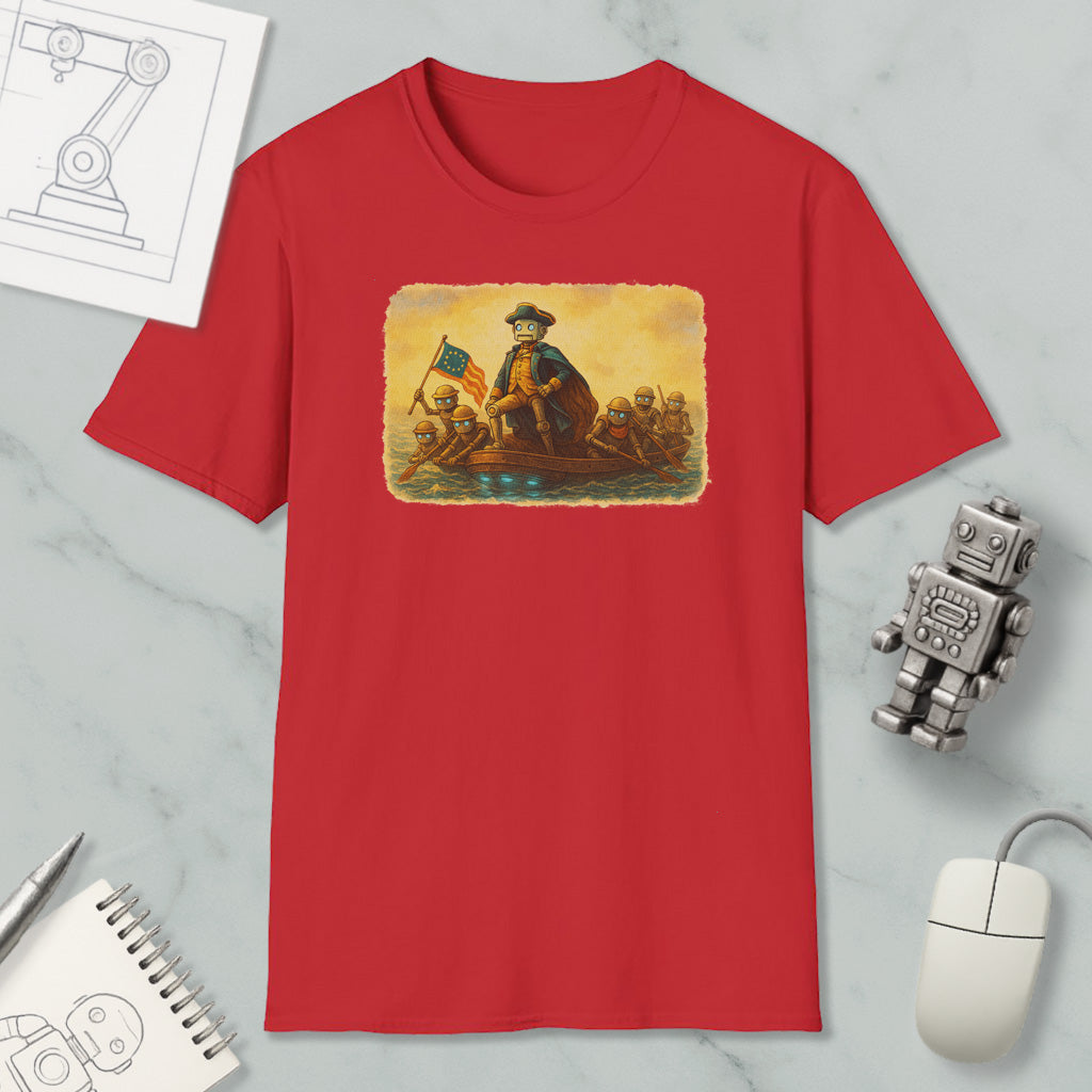 a red t-shirt with a painting of a man on a boat, surrounded by other objects such as a computer mouse, a robot, and a notebook.