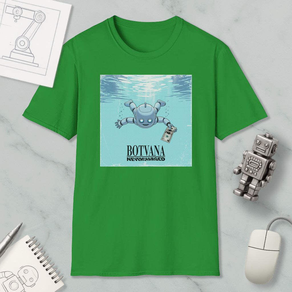 a green t-shirt with a graphic design depicting a robot swimming underwater, accompanied by the text "BOTVANA" and "NOVEMBER 8TH".