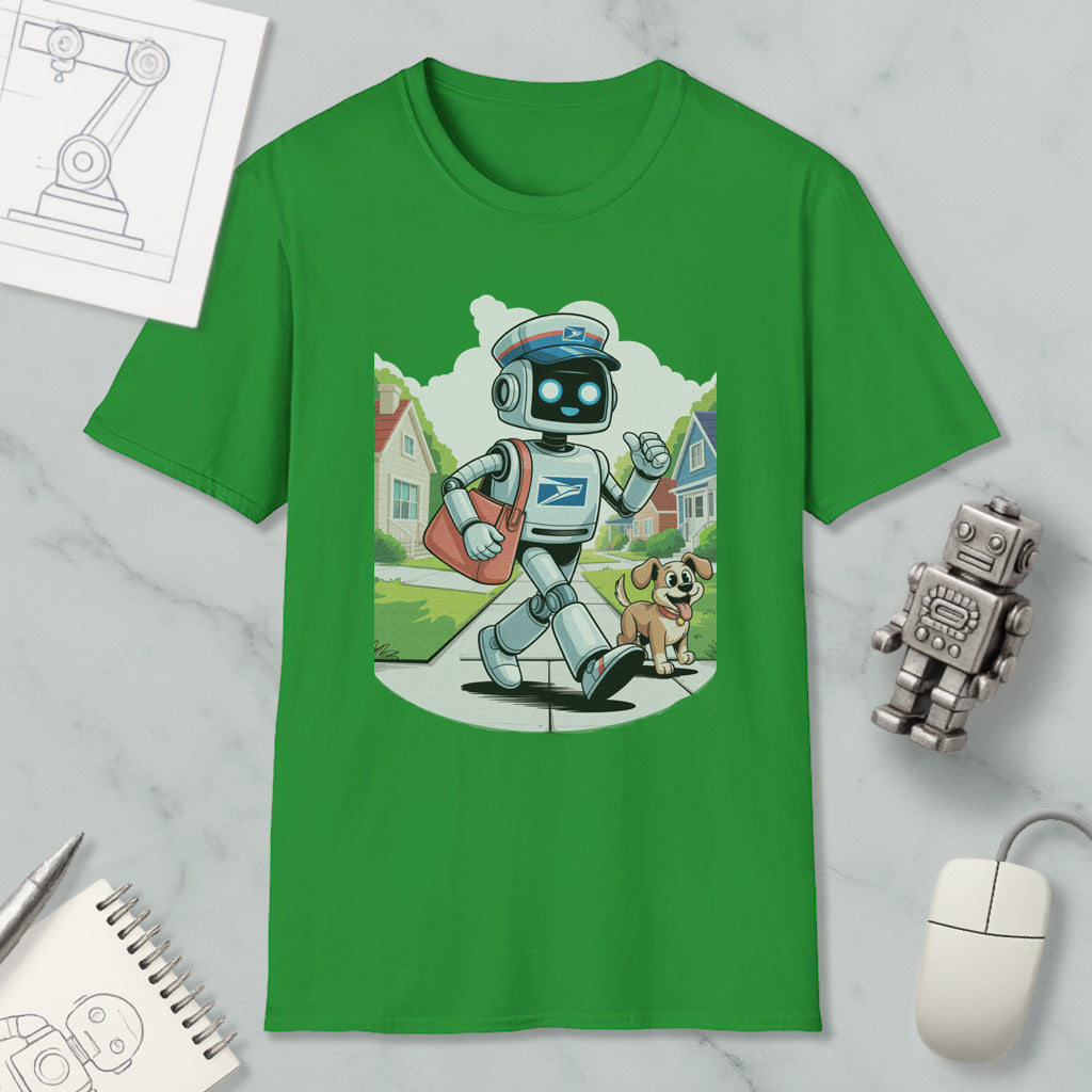 a green t-shirt with a cartoon robot and a dog, along with various objects such as a computer mouse, a notebook, and a robot toy.