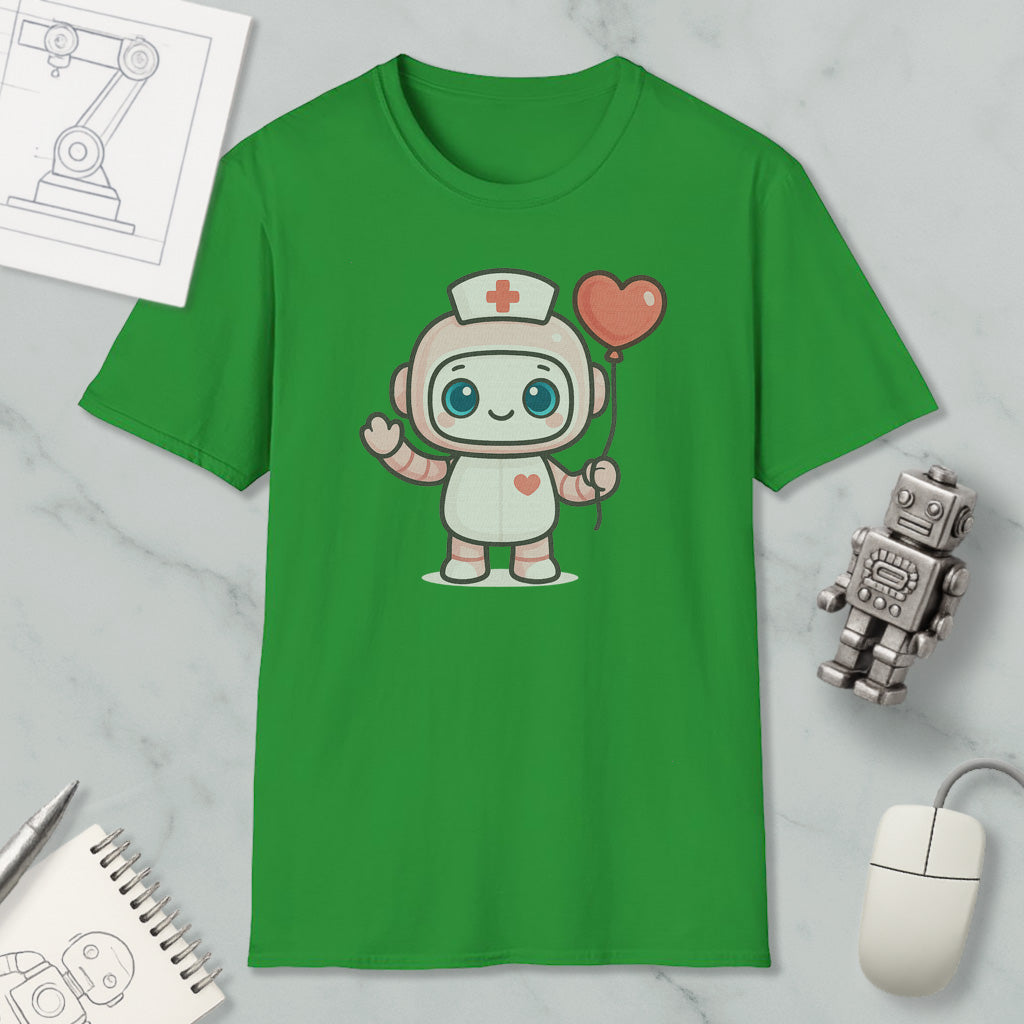 a green t-shirt with a cartoon robot character wearing a nurse's hat and holding a heart-shaped balloon. The t-shirt is displayed on a marble surface, along with a computer mouse, a notebook, and a small robot figurine.