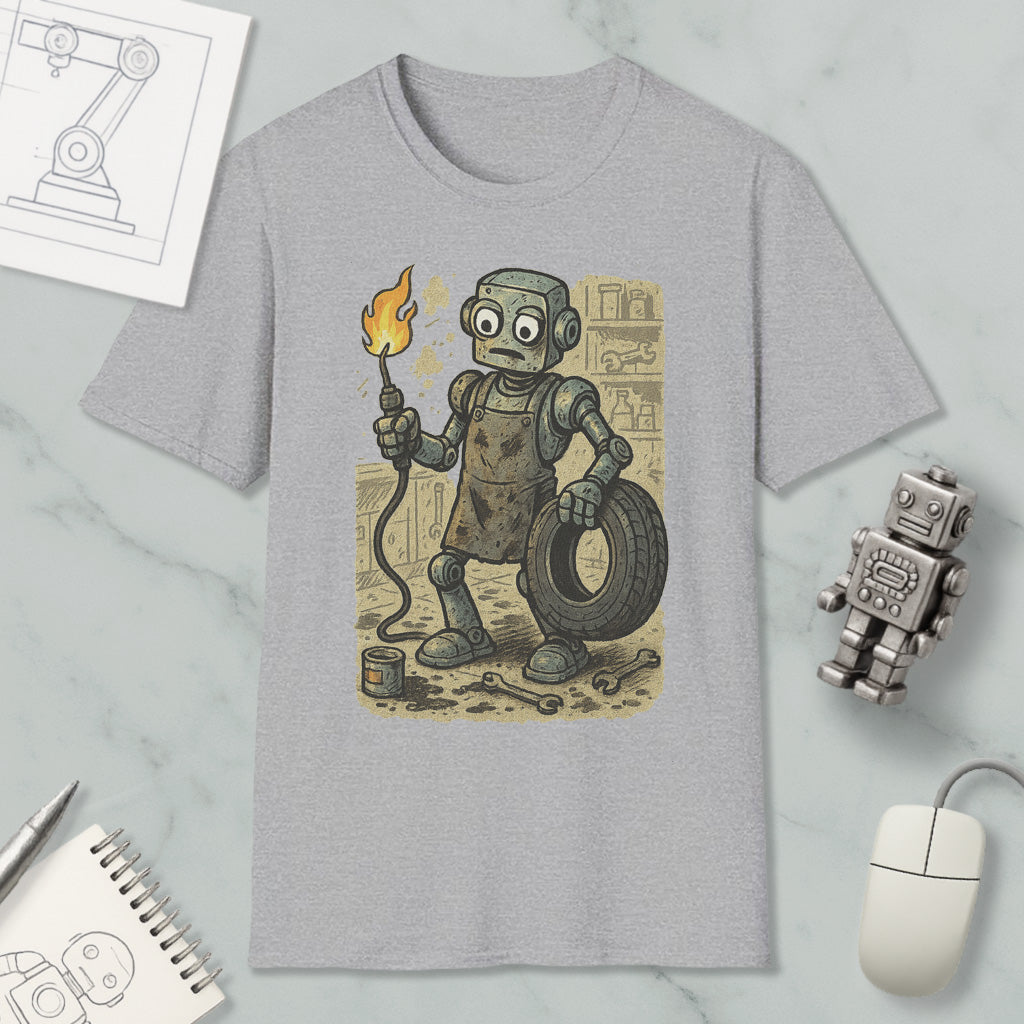 a gray t-shirt with a cartoon illustration of a robot holding a lit cigarette and a tire, surrounded by various objects such as a computer mouse, a notebook, and a pen.