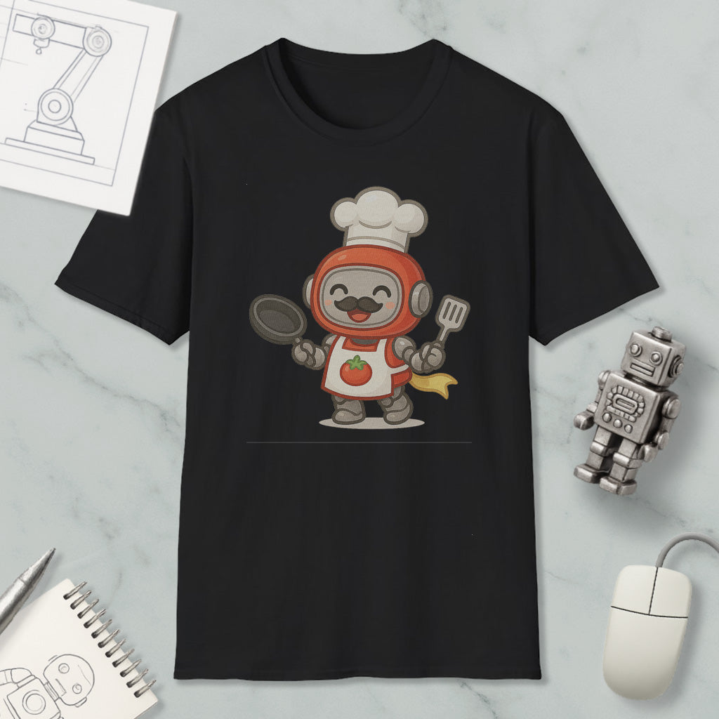 a black t-shirt with a cartoon image of a robot chef, holding a frying pan and a spatula, surrounded by various objects such as a computer mouse, a notebook, and a robot figurine.
