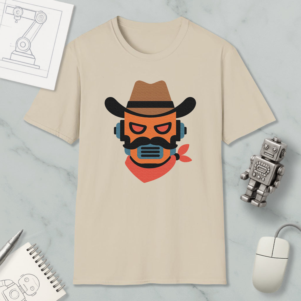 a beige t-shirt with a graphic design of a cowboy hat and a robot face, along with various objects such as a mouse, a notebook, and a robot.