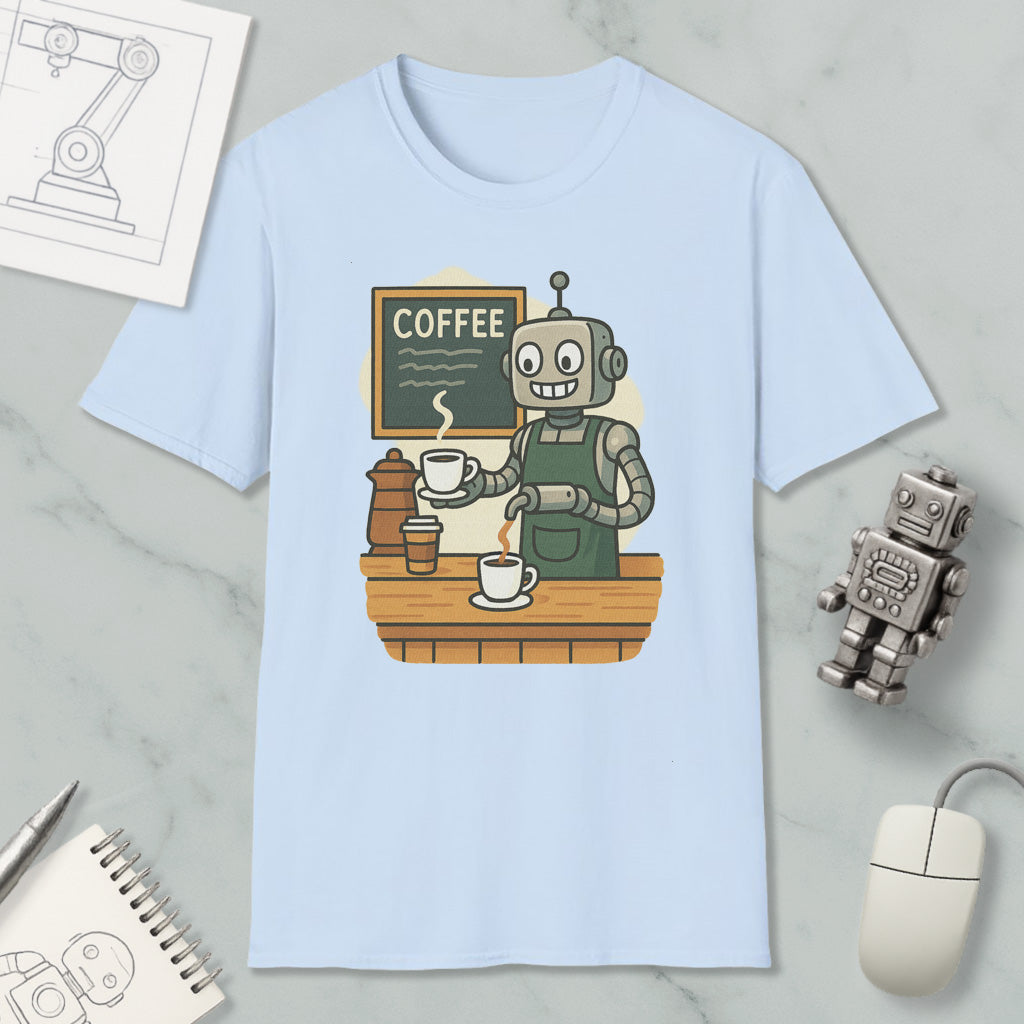 A light blue t-shirt with a cartoon robot serving coffee in a coffee shop, accompanied by various objects such as a notebook, a mouse, and a robot figurine.