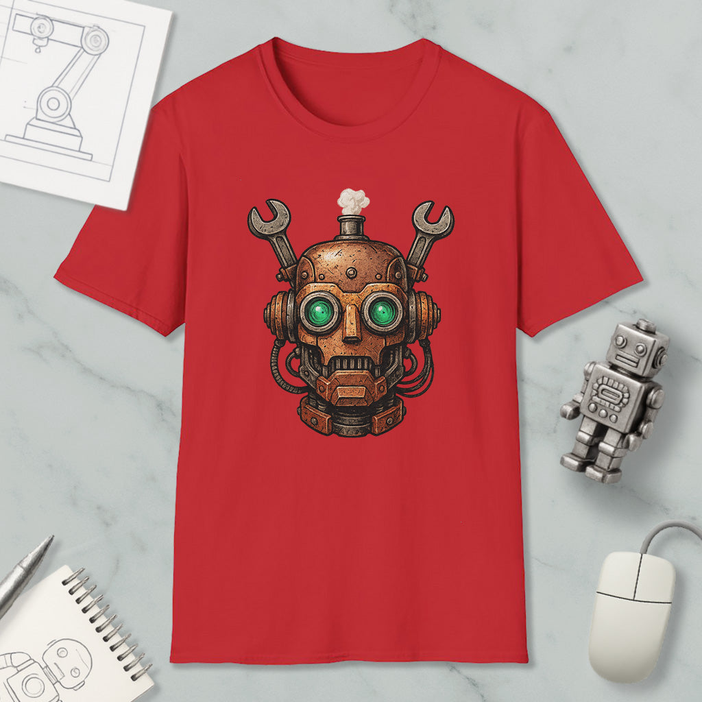 a red t-shirt with a robot or machine head design, along with various objects such as a computer mouse, a notebook, and a pen.