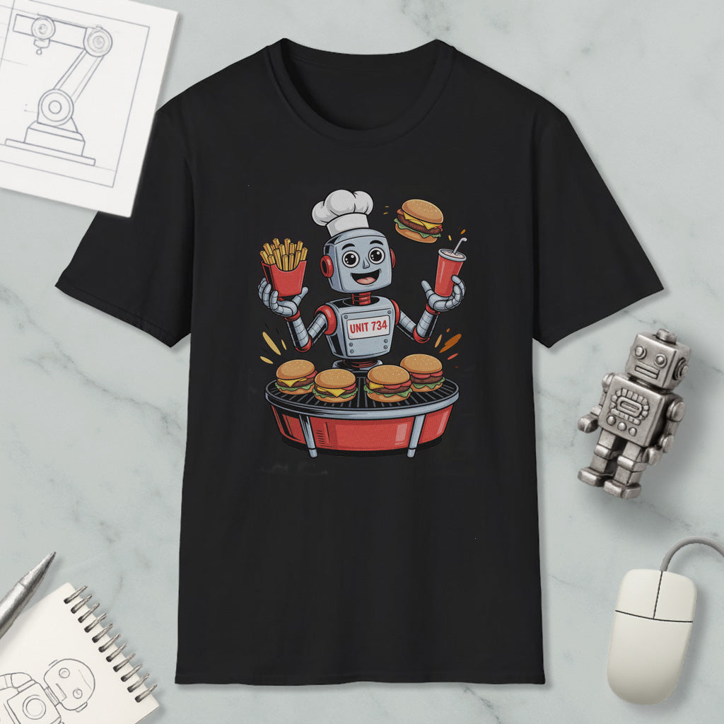 A black t-shirt with a graphic design depicting a robot chef cooking hamburgers and french fries.