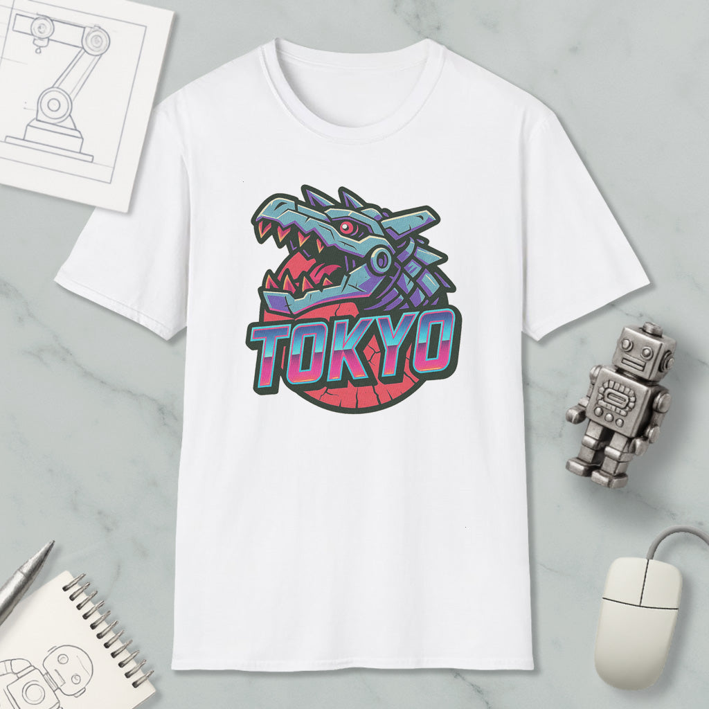 a white t-shirt with a graphic design of a dragon or monster head, along with the word "TOKYO" written below it. The t-shirt is placed on a marble surface, and there are various objects around it, including a computer mouse, a notebook, and a robot.