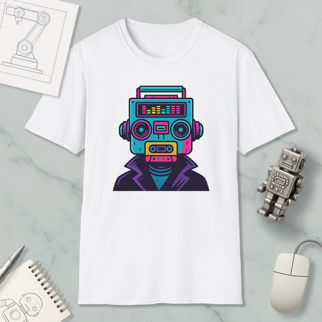 a white t-shirt with a colorful graphic design of a robot or machine head, surrounded by various objects such as a computer mouse, a notebook, and a pen.