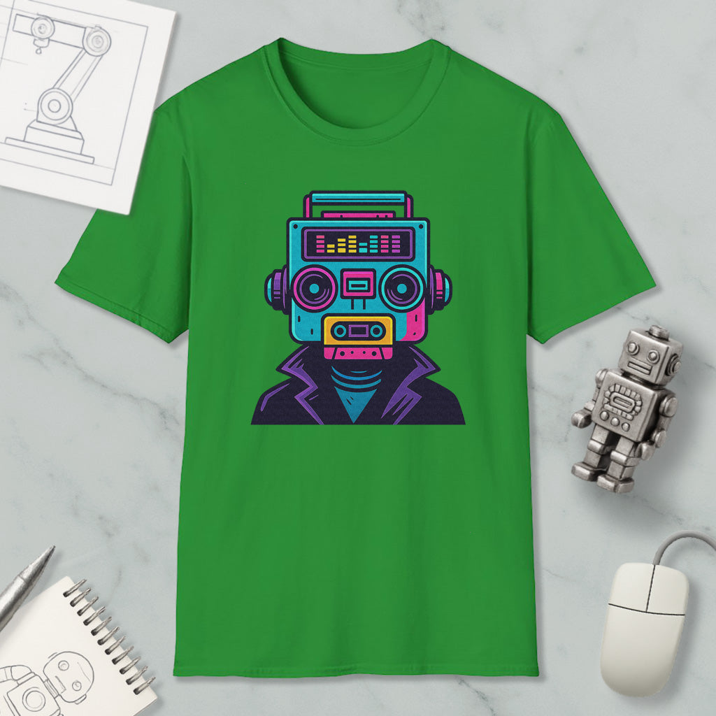 a green t-shirt with a colorful graphic of a robot or robot-like figure, along with various objects such as a mouse, a notebook, and a pen.