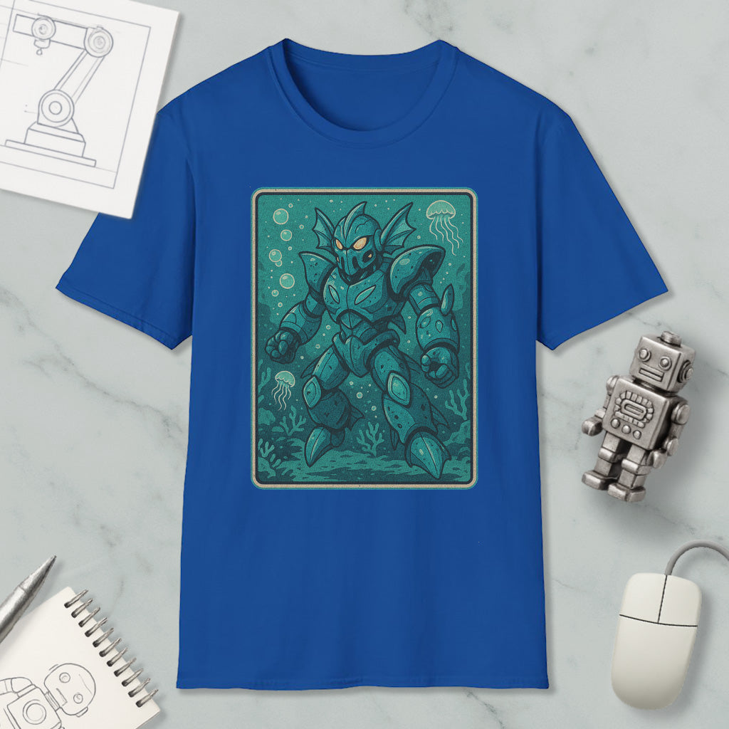 a blue t-shirt with a graphic of a green armored robot or character, surrounded by bubbles and marine life, placed on a marble surface alongside a computer mouse and a notebook.