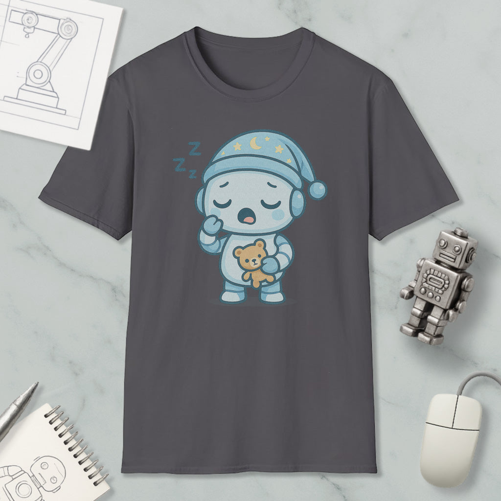 a gray t-shirt with a cartoon robot wearing a blue hat and holding a teddy bear, along with a computer mouse and a notebook.