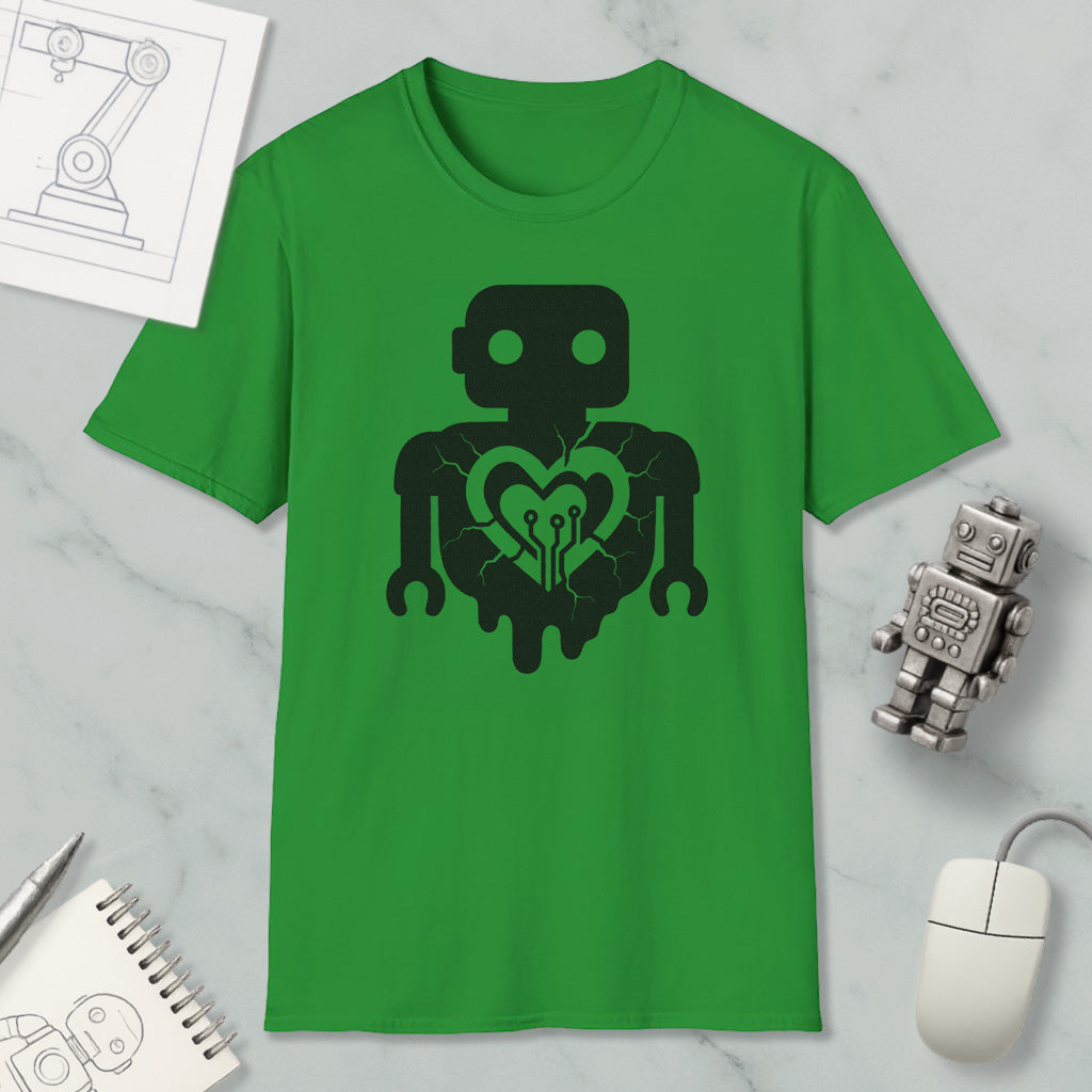 a green t-shirt with a black robot graphic and a heart symbol, along with a computer mouse and a notebook.