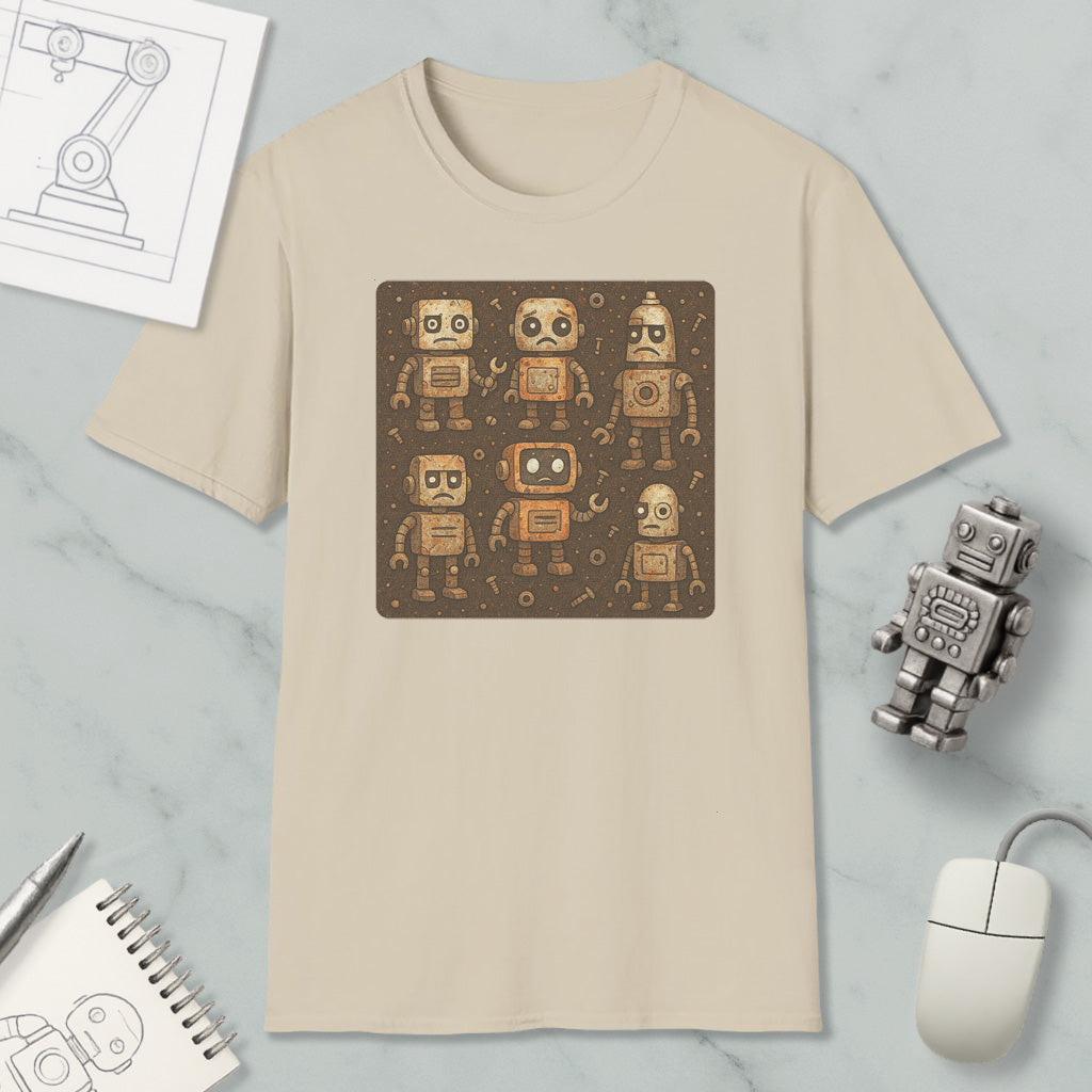 a beige t-shirt with a square design of six cartoon-like robots, along with a computer mouse and a notebook on a marble surface.