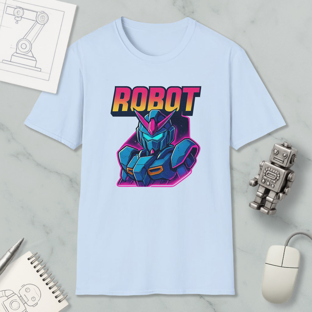 a white t-shirt with a graphic design of a robot character, along with various objects such as a computer mouse, a notebook, and a pen.