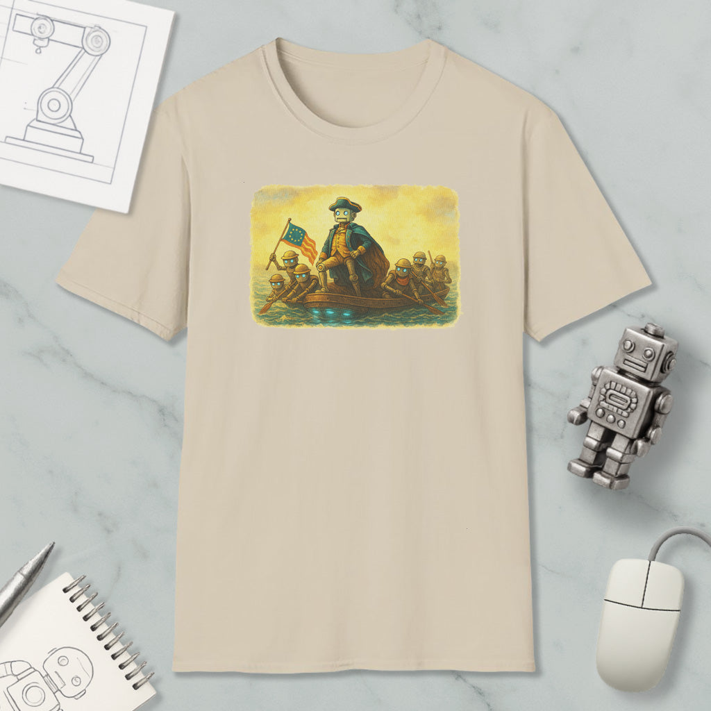 a beige t-shirt with a vintage-style illustration of a man on a boat, surrounded by other objects such as a computer mouse, a robot, and a notebook.