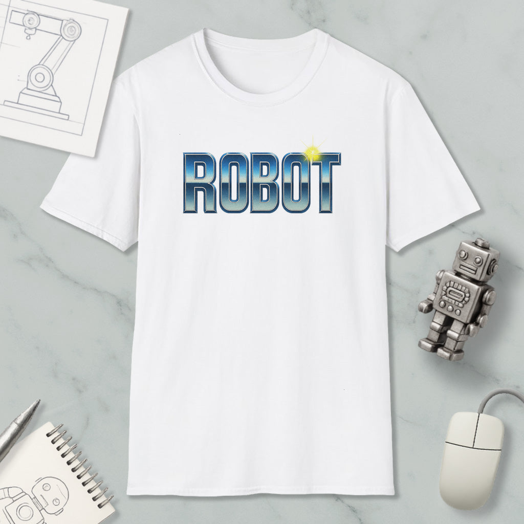 a white t-shirt with the word "ROBOT" printed on it, along with a small robot figurine and some other items such as a computer mouse and a notebook.