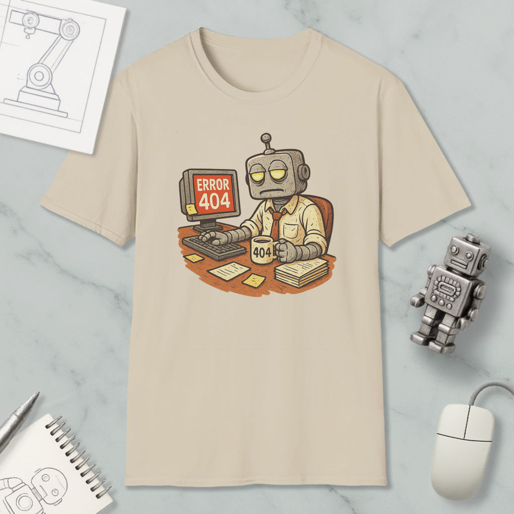 a t-shirt with a cartoon robot sitting at a desk, working on a computer, and displaying an error message that reads " Error 404". The t-shirt is surrounded by various objects, including a mouse, a keyboard, and a robot figurine.