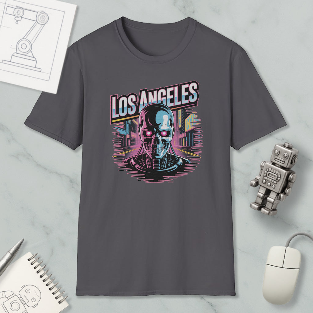 a gray t-shirt with a graphic design of a skull and cityscape, along with various objects such as a computer mouse, a notebook, and a robot.