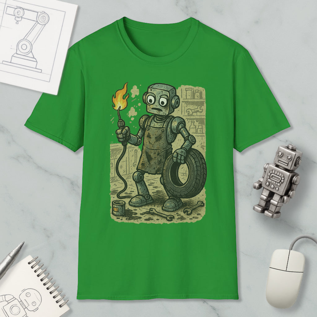 a green t-shirt with a cartoon illustration of a robot holding a fire extinguisher and a tire, surrounded by various objects such as a computer mouse, a notebook, and a pen.