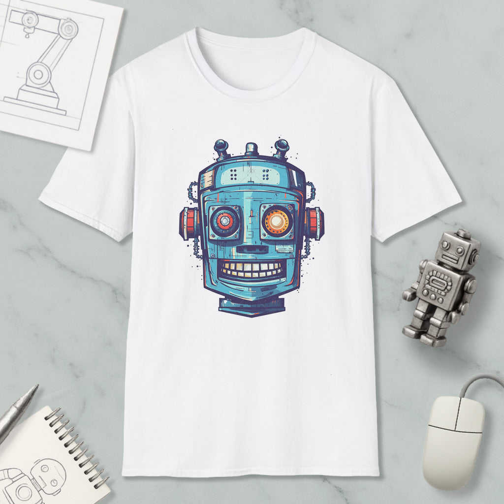 a white t-shirt with a colorful robot graphic printed on it, along with various objects such as a computer mouse, a pen, and a notebook.