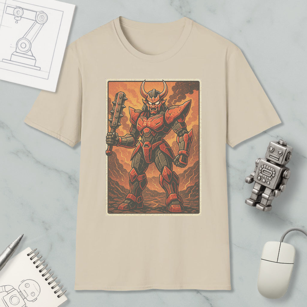 a t-shirt with a graphic design depicting a red and black armored character, possibly a robot or warrior, holding a weapon and standing in a fiery, rocky environment.