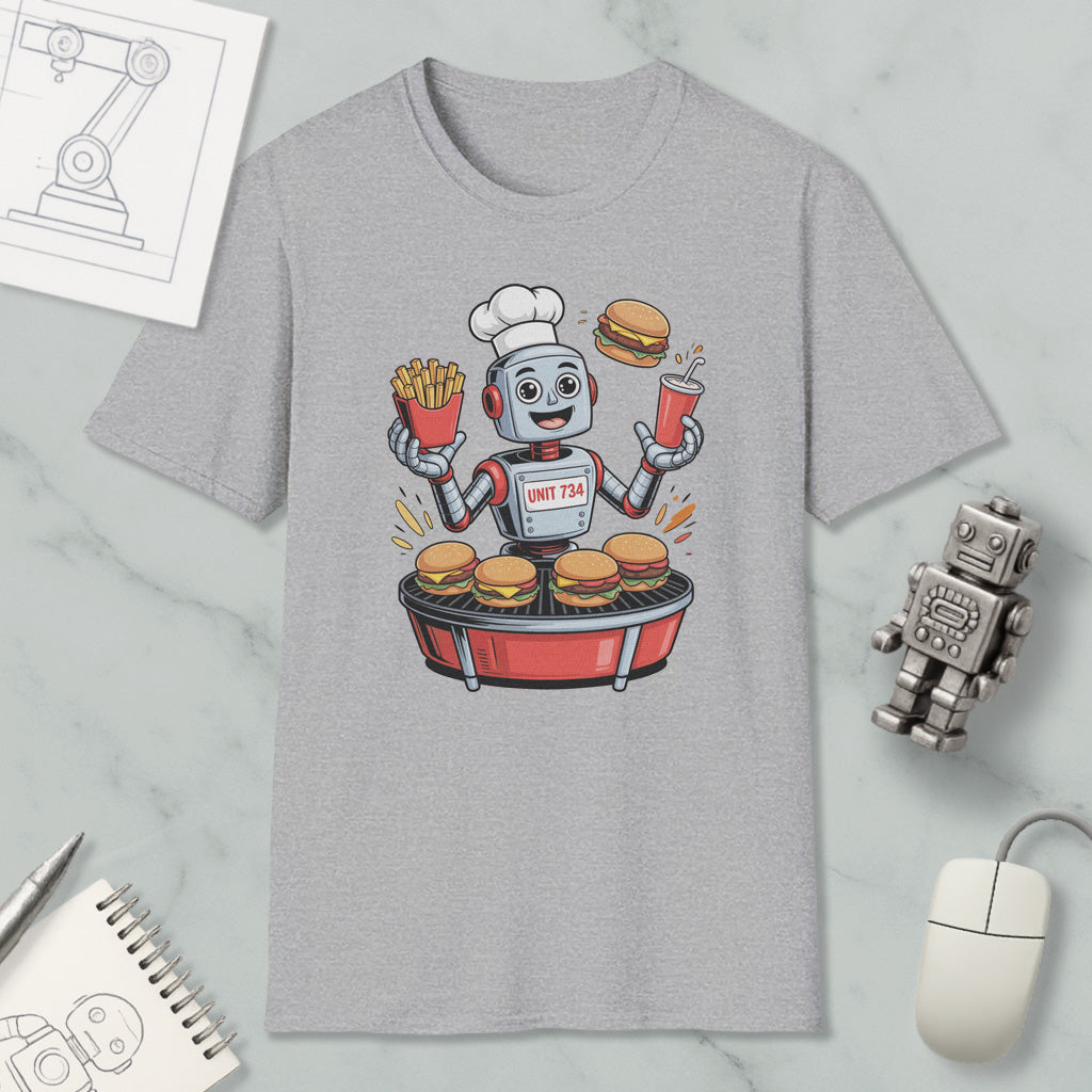 A gray t-shirt with a cartoon robot chef preparing hamburgers and french fries, surrounded by various objects such as a computer mouse, a notebook, and a robot figurine.