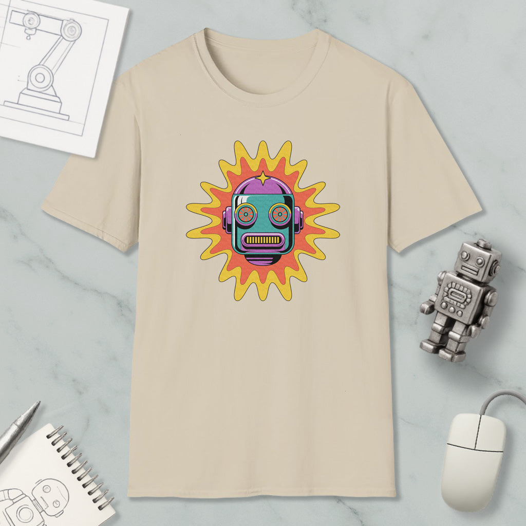 a beige t-shirt with a colorful robot design, along with various objects such as a computer mouse, a notebook, and a sketch of a robot.
