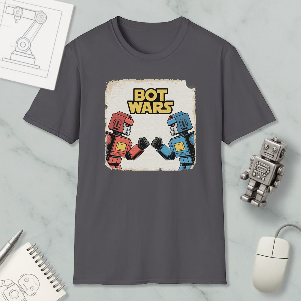 a gray t-shirt with a graphic design depicting two robot characters, one in red and one in blue, engaged in a battle or fight. The text "BOT WARS" is displayed above the characters, suggesting a theme related to robotic conflict or competition.