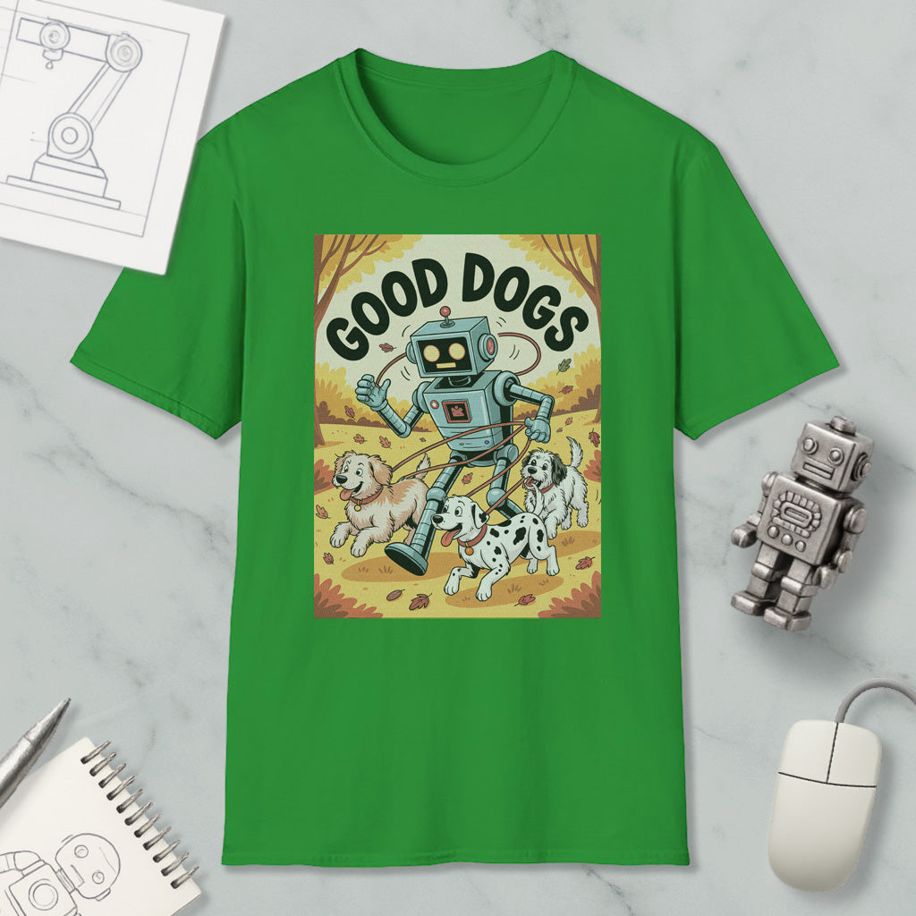 a green t-shirt with a cartoon robot and three dogs, along with a computer mouse and a notebook.