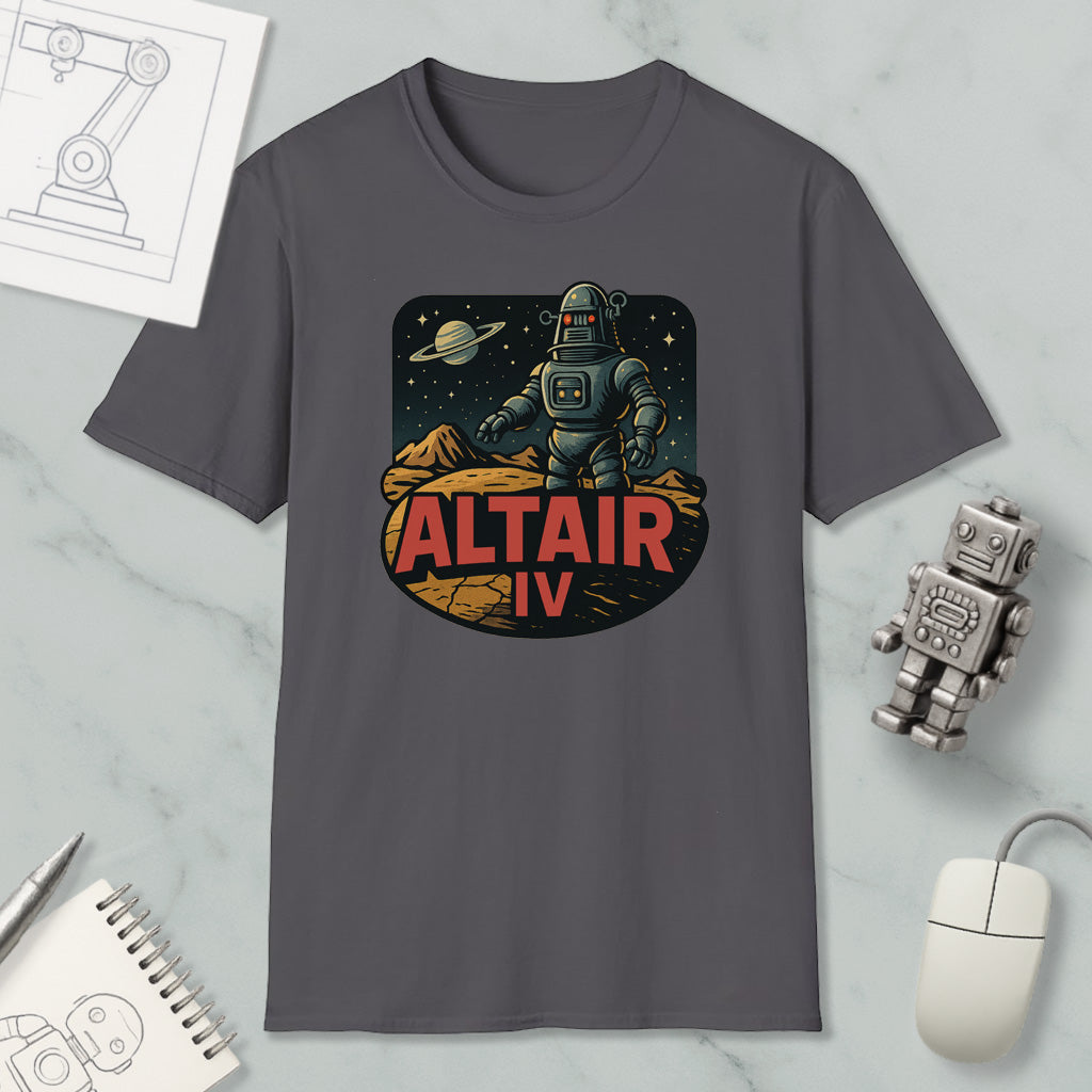 a gray t-shirt with a graphic design depicting a robot standing on a rocky surface with a planet in the background, along with the text "ALT AIR IV".
