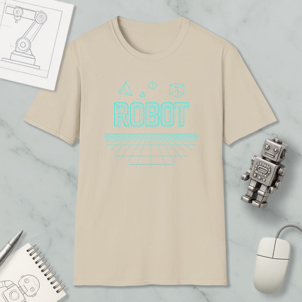 a beige t-shirt with a graphic design of a robot and geometric shapes, along with a computer mouse and a notebook.