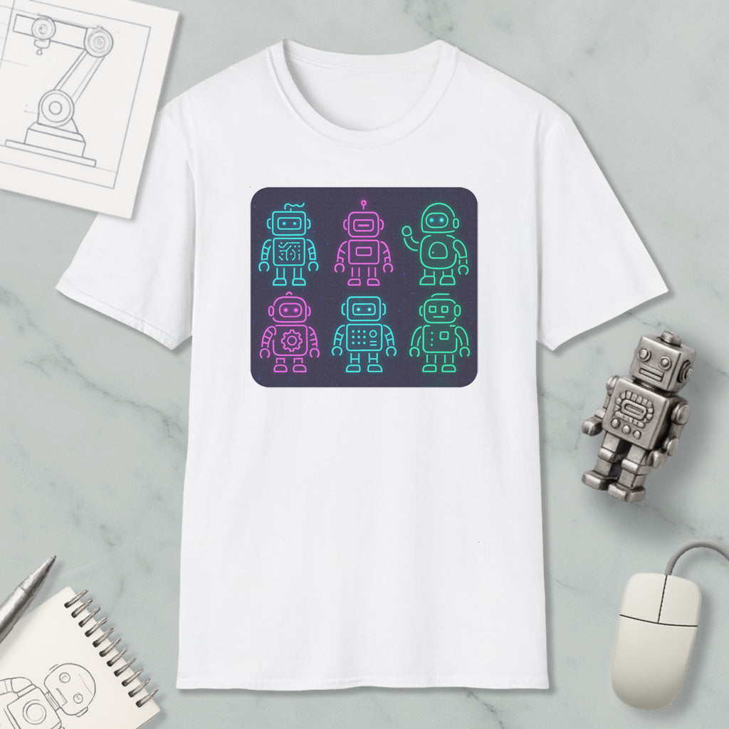 a white t-shirt with a graphic design of six colorful robot icons arranged in a square pattern. The t-shirt is placed on a marble surface, along with a computer mouse, a pen, and a notebook.