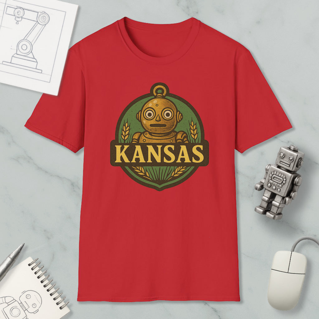 a red t-shirt with a graphic of a robot and the word "KANSAS" printed on it, along with a small robot and a computer mouse.