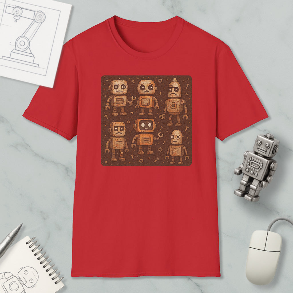 a red t-shirt with a square design of six cartoon-like robots, along with a computer mouse and a notebook on a marble surface.