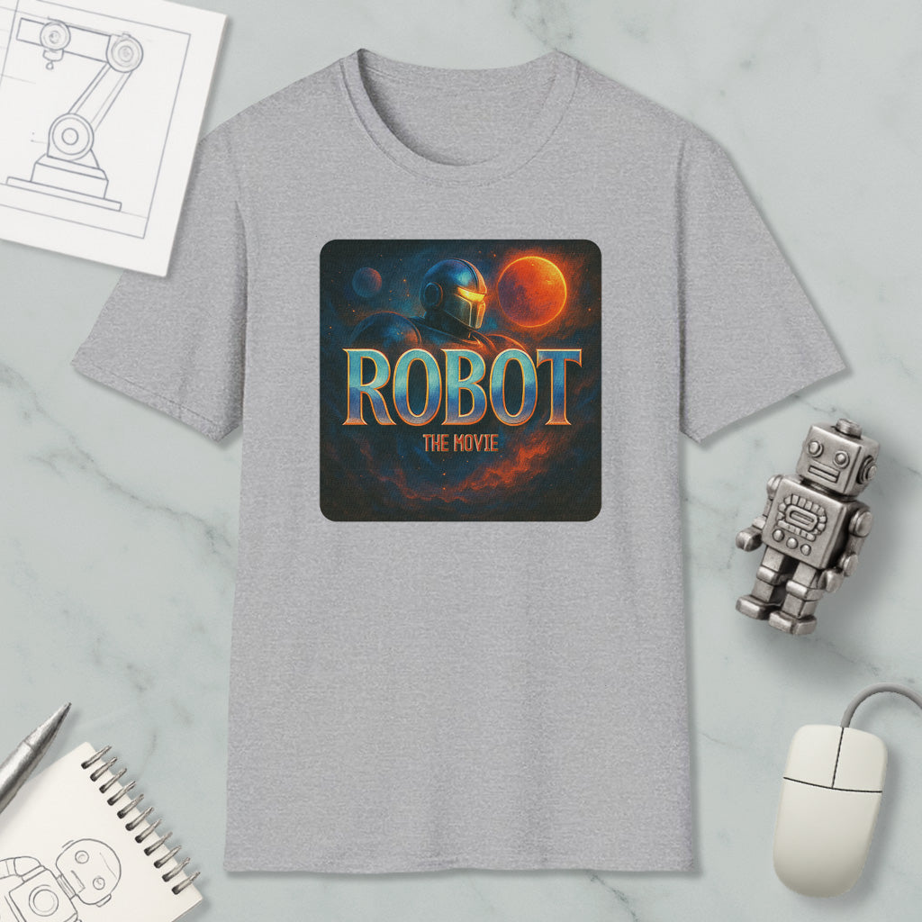 a gray t-shirt with a graphic design depicting a robot and a space scene, along with the text "ROBOT THE MOVIE".