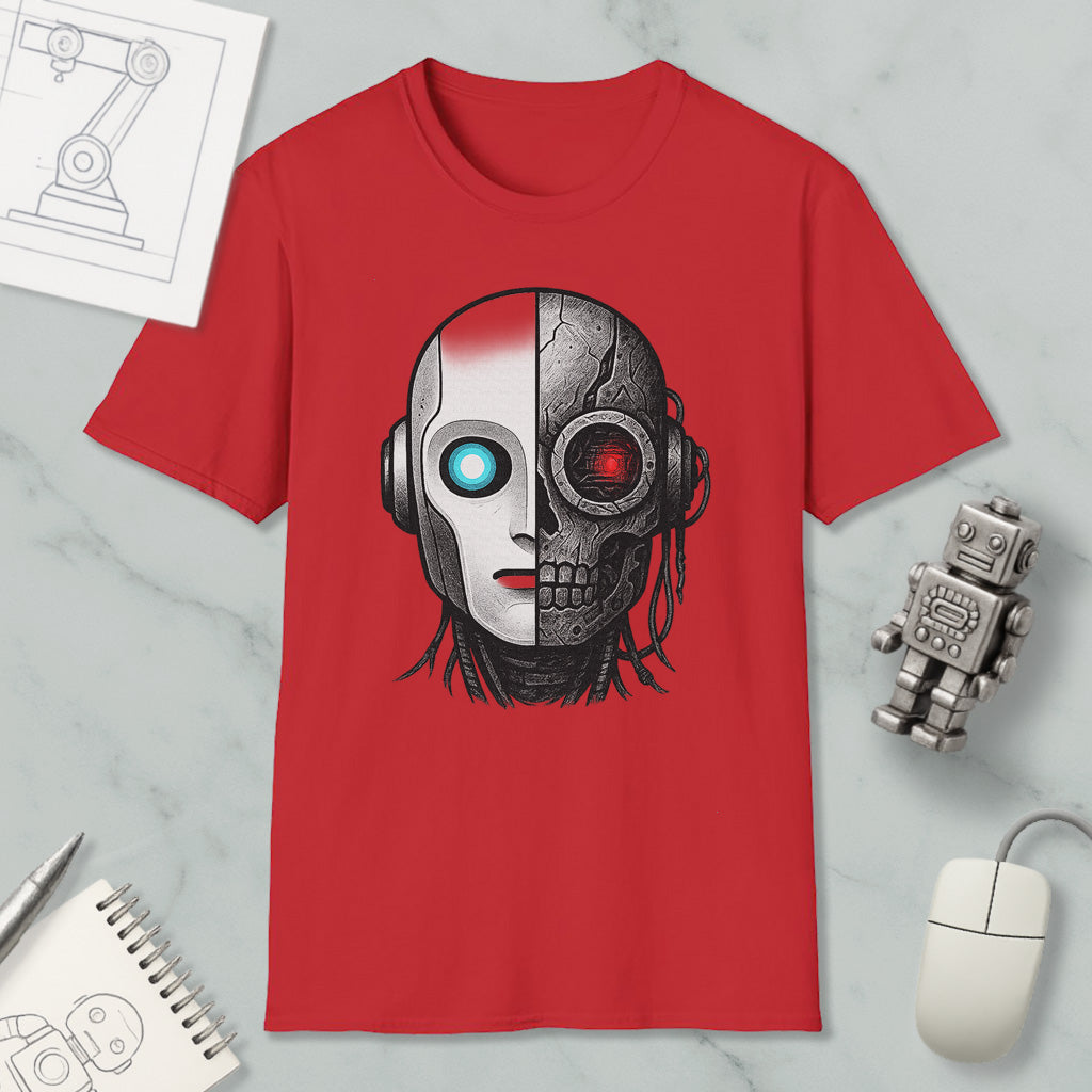 a red t-shirt with a graphic design of a robot or cyborg head, along with various objects such as a computer mouse, a notebook, and a robot figurine.