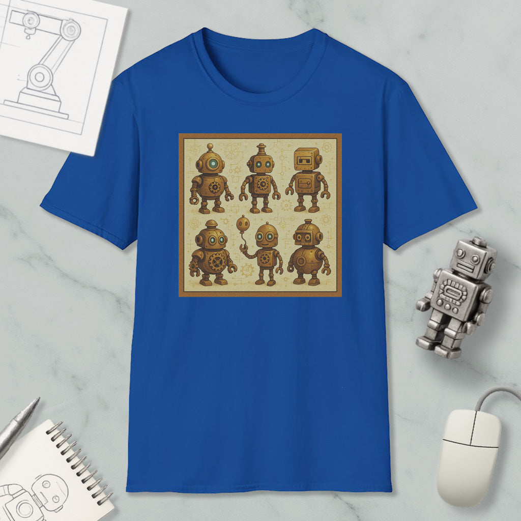a blue t-shirt with a square design of six cartoon-like robots, each with unique features and poses. The t-shirt is displayed on a marble surface, along with a computer mouse, a notepad, and a pen.