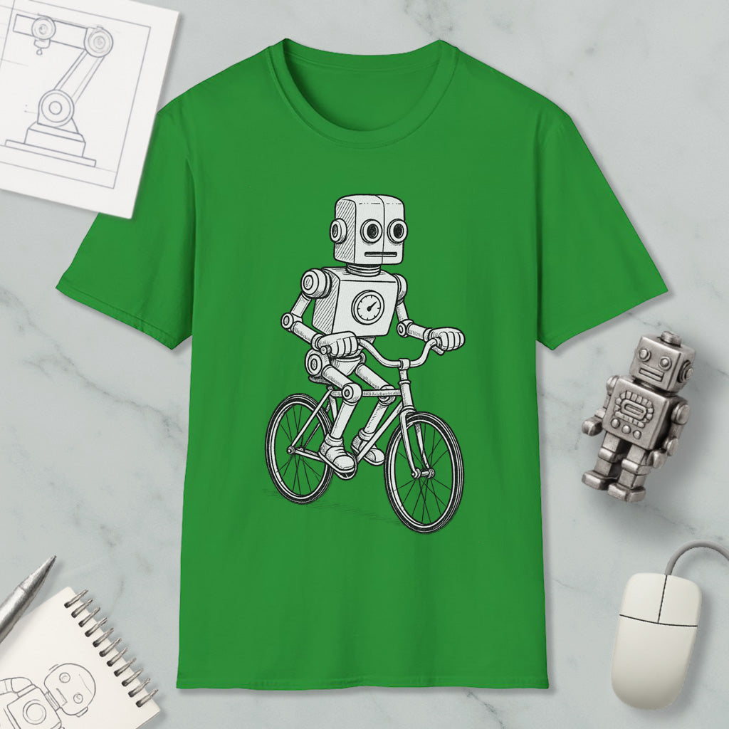 a green t-shirt with a graphic of a robot riding a bicycle, along with a computer mouse and a notebook.