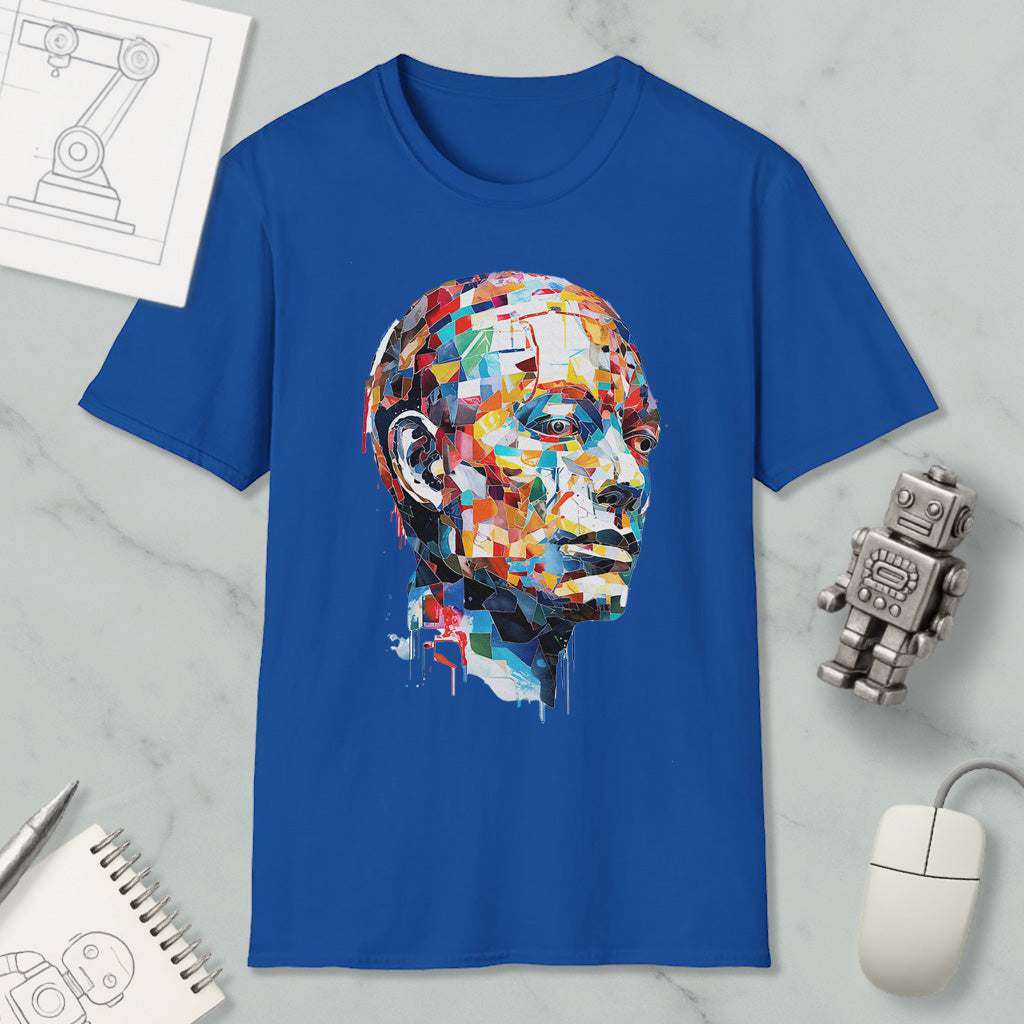 a blue t-shirt with a colorful, abstract portrait of a man's face printed on it, along with various objects such as a computer mouse, a robot, and a notebook.